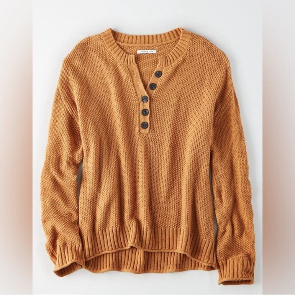 American Eagle Tan Knit Henley Sweater